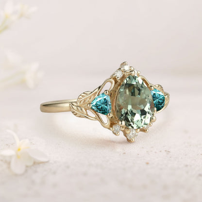 Unique Pear Green Lab Sapphire and Tear Moissanite Leaf Ring Engagement Ring