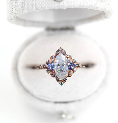 Unique Aurora Three Stone Marquise Moissanite and Color Moissanite Ring