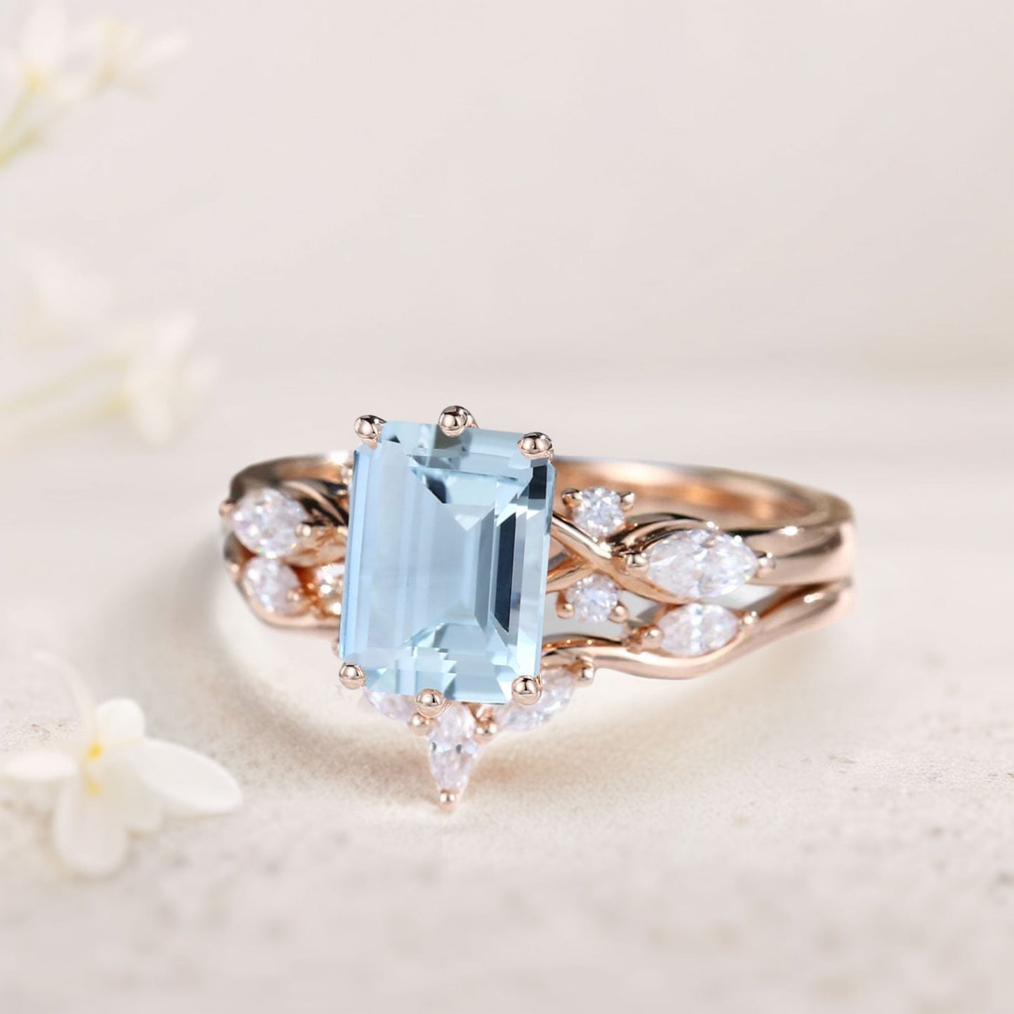 Unique Emerald Shaped Lab Aquamarine Wedding Ring Set Bridal Ring Set