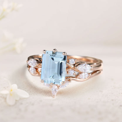 Unique Emerald Shaped Lab Aquamarine Wedding Ring Set Bridal Ring Set