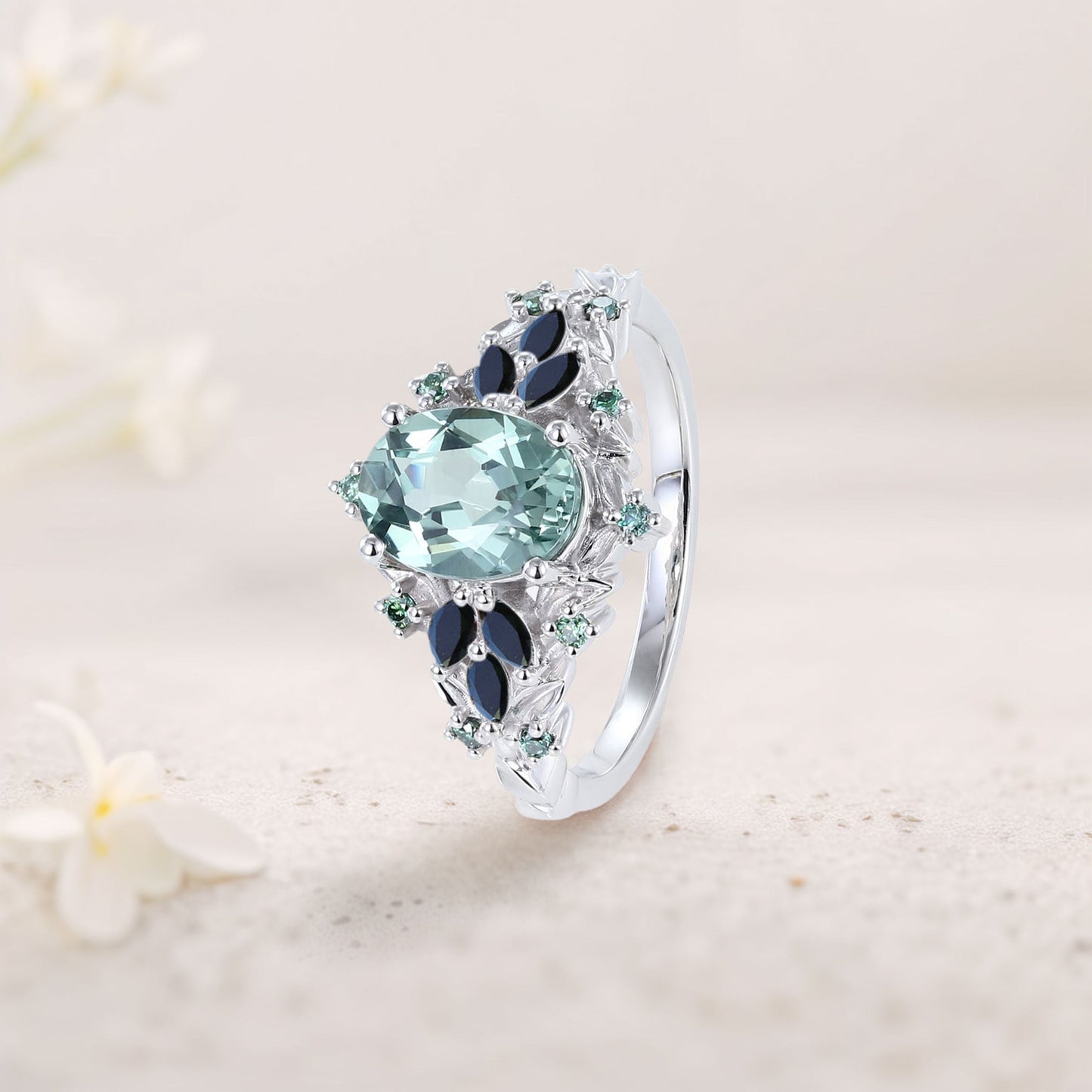 Unique Starlight Oval Green Lab Sapphire and Black Onyx Engagement Ring