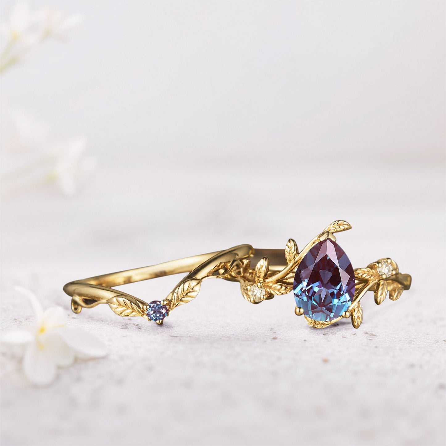Unique Pear Lab Alexandrite Wedding Ring Set with Leaf Band