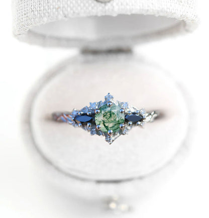 Unique Floral Rose Round Moss Agate and Black Moissanite Ring