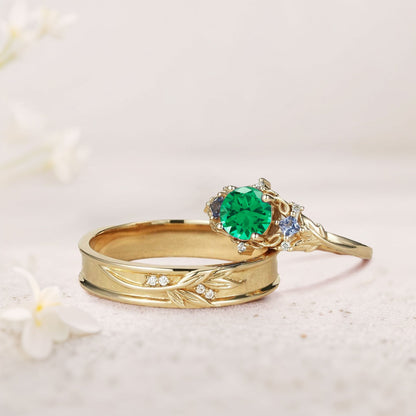 Unique Round Lab Emerald Promise Ring Engagement Ring Set for Couples