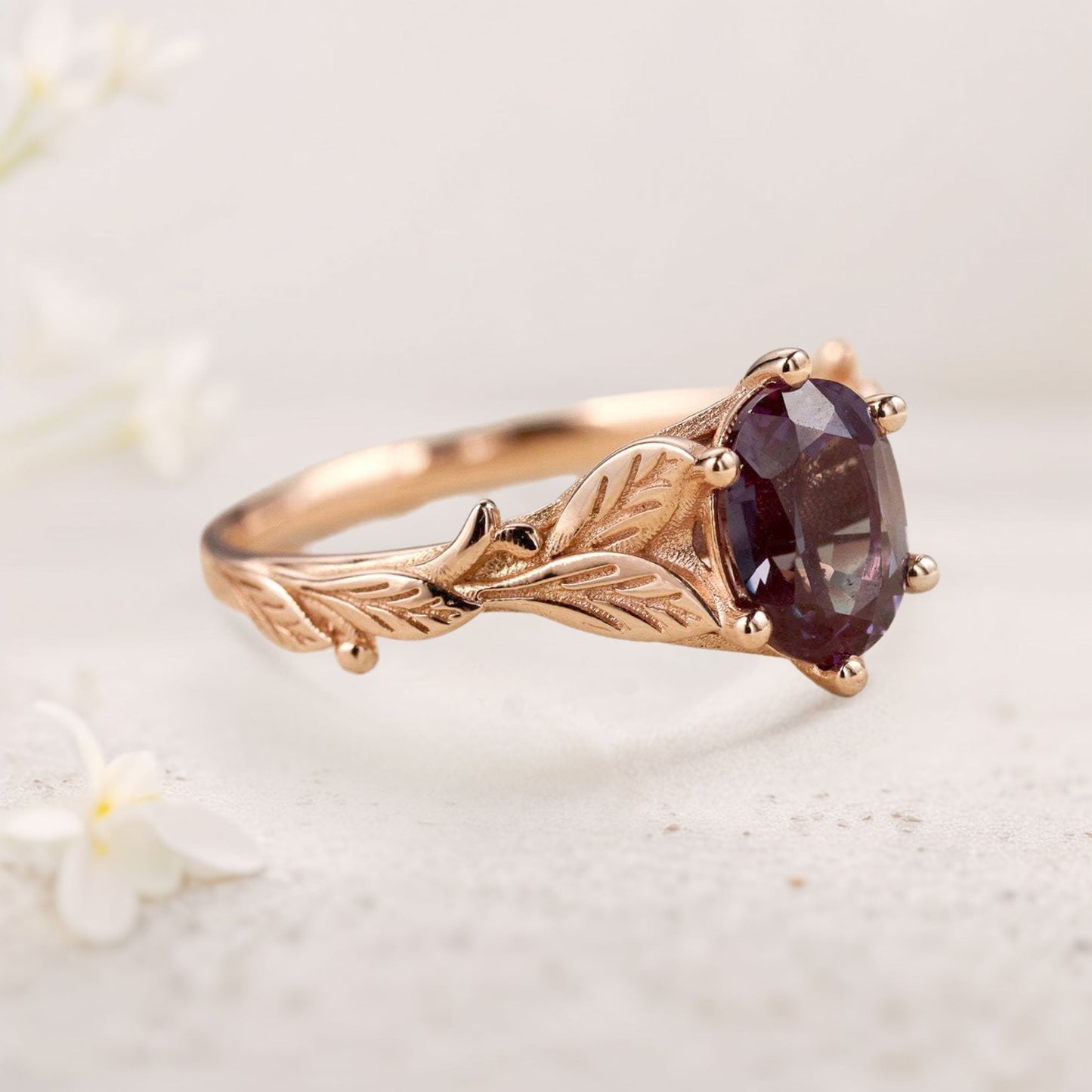 Unique floral engagement rings Oval Lab Alexandrite with Leaves Engagement Ring