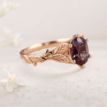 Unique floral engagement rings Oval Lab Alexandrite with Leaves Engagement Ring