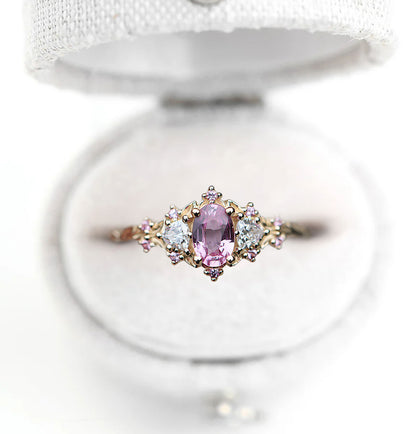 Unique Floral Rose Oval Lab Pink Padparadscha Ring