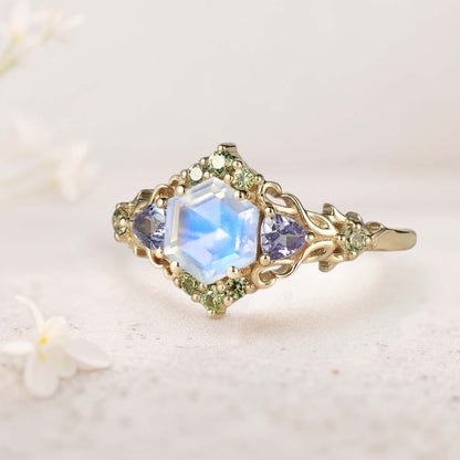 Unique floral engagement rings Three Stone Hexagon Lab Moonstone and Blue sapphire Leaf Ring