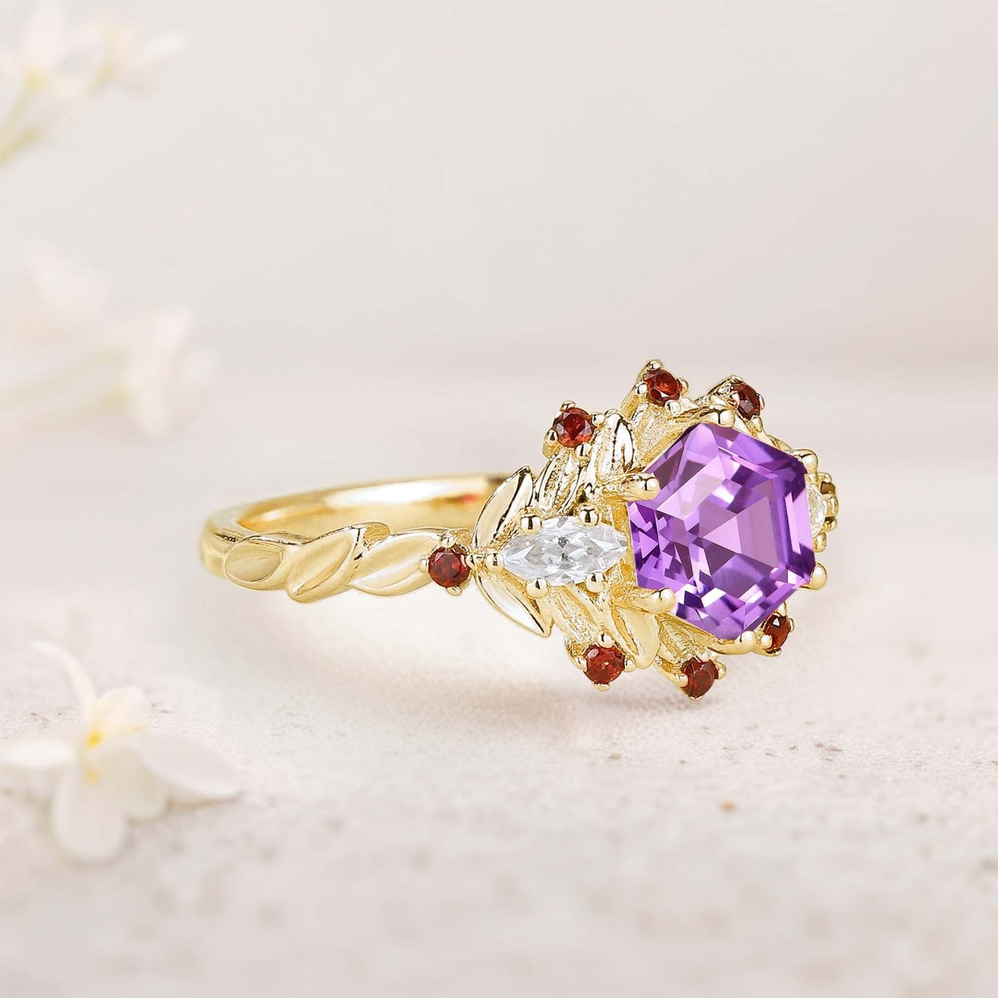 Unique floral engagement rings Hexagon Amethyst Flower Engagement Ring Leaf Wedding Ring For Women