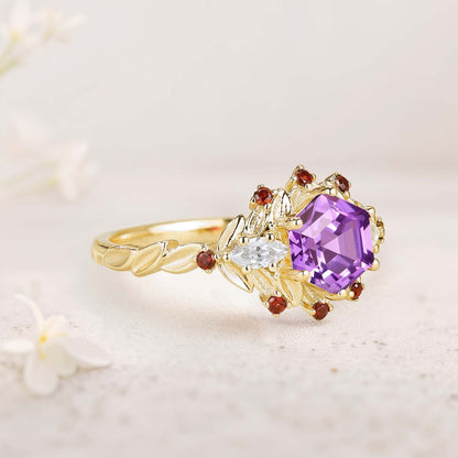 Unique floral engagement rings Hexagon Amethyst Flower Engagement Ring Leaf Wedding Ring For Women