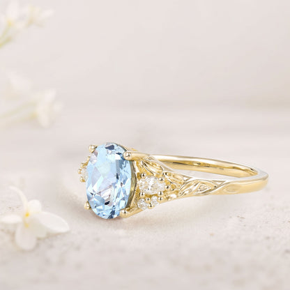 Unique Oval Lab Aquamarine and Moissanite Wedding Ring