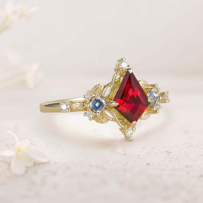 Unique Kite Three Stone Ruby Leaf Ring