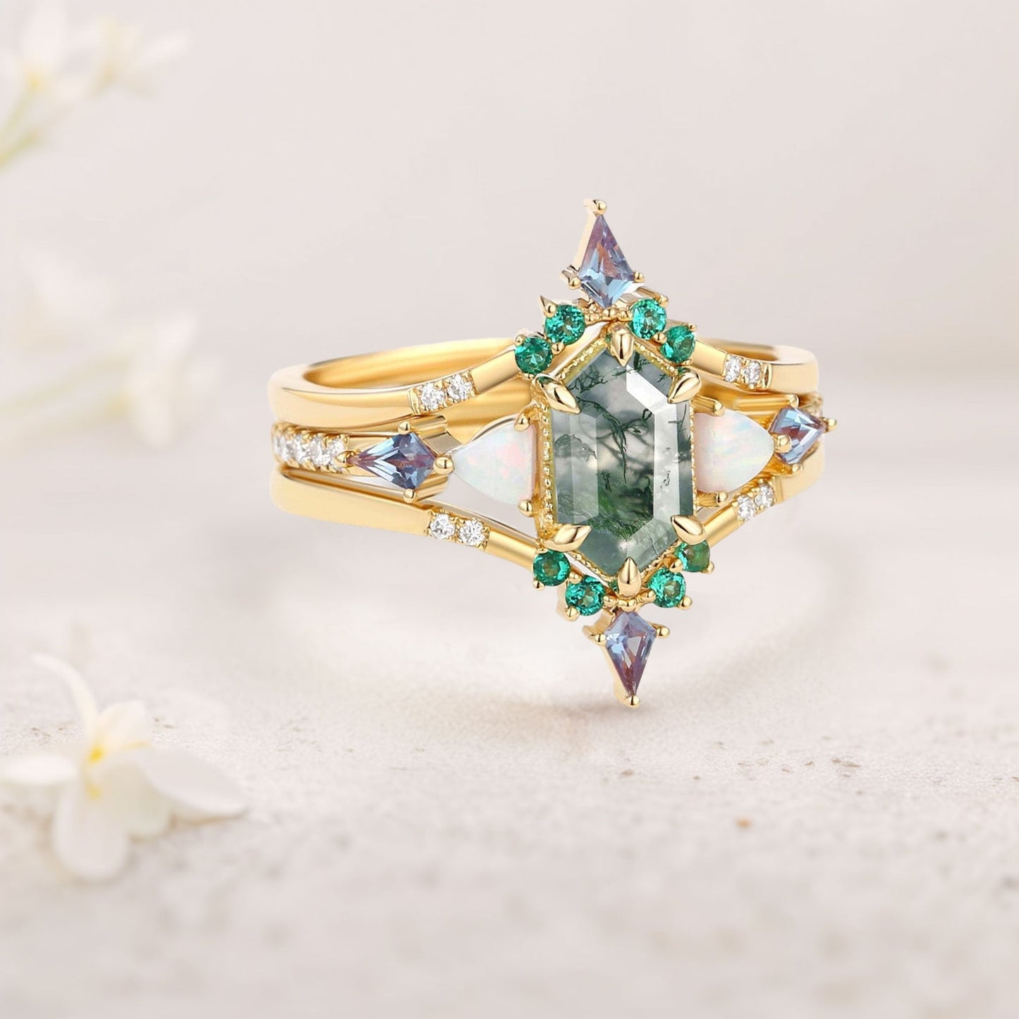 Unique floral engagement rings Long Hexagon Moss Agate Engagement Ring Set with Opal, Alexandrite, Emerald Accents