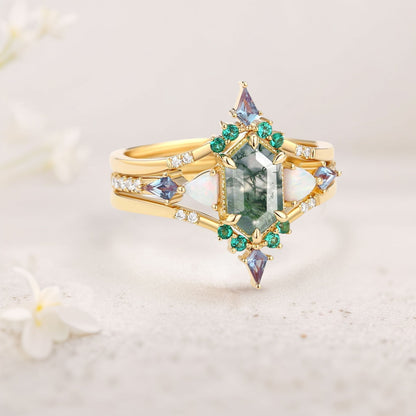 Unique floral engagement rings Long Hexagon Moss Agate Engagement Ring Set with Opal, Alexandrite, Emerald Accents