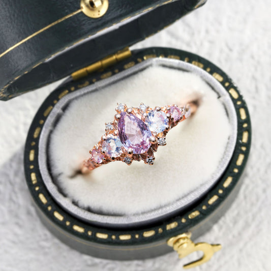 Unique Briar Rose Five Stone Pear Lab Padparadscha Ring