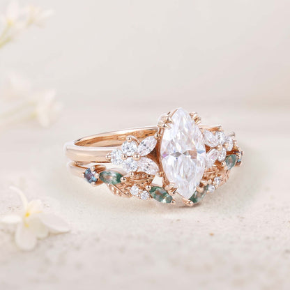 Vintage Marquise Moissanite Engagement ring set Cluster shank leaf Bridal Set