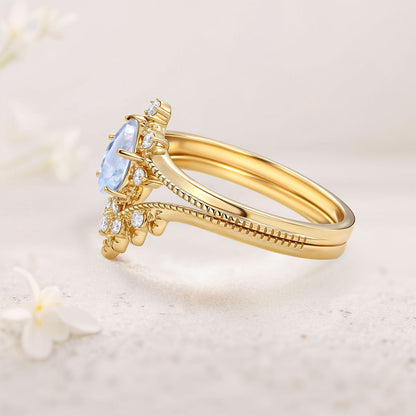 Vintage Pear Lab Moonstone and Moissanite Chevron Ring Set Bridal Set