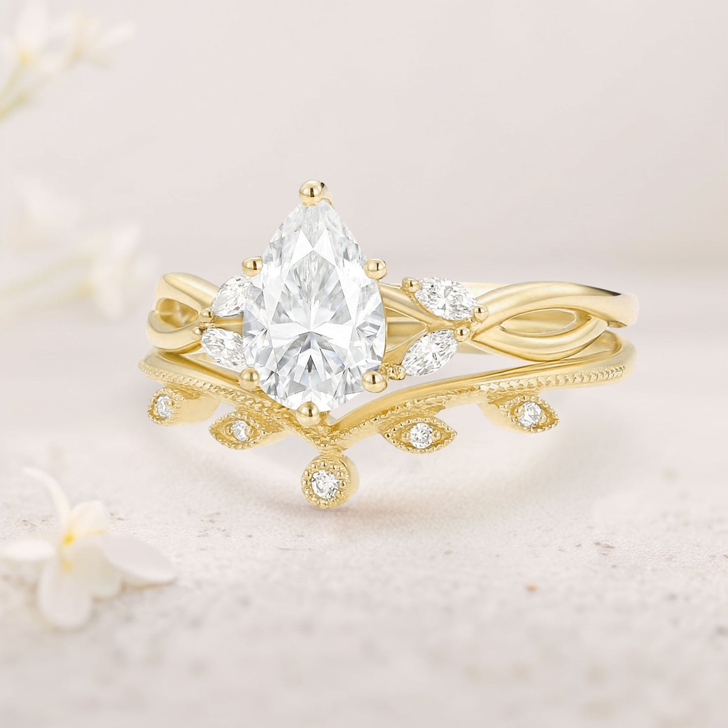 Unique floral engagement rings Pear Moissanite Leafy Twig Bridal Ring Set