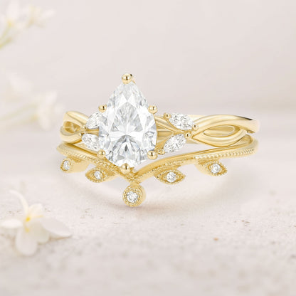 Unique floral engagement rings Pear Moissanite Leafy Twig Bridal Ring Set