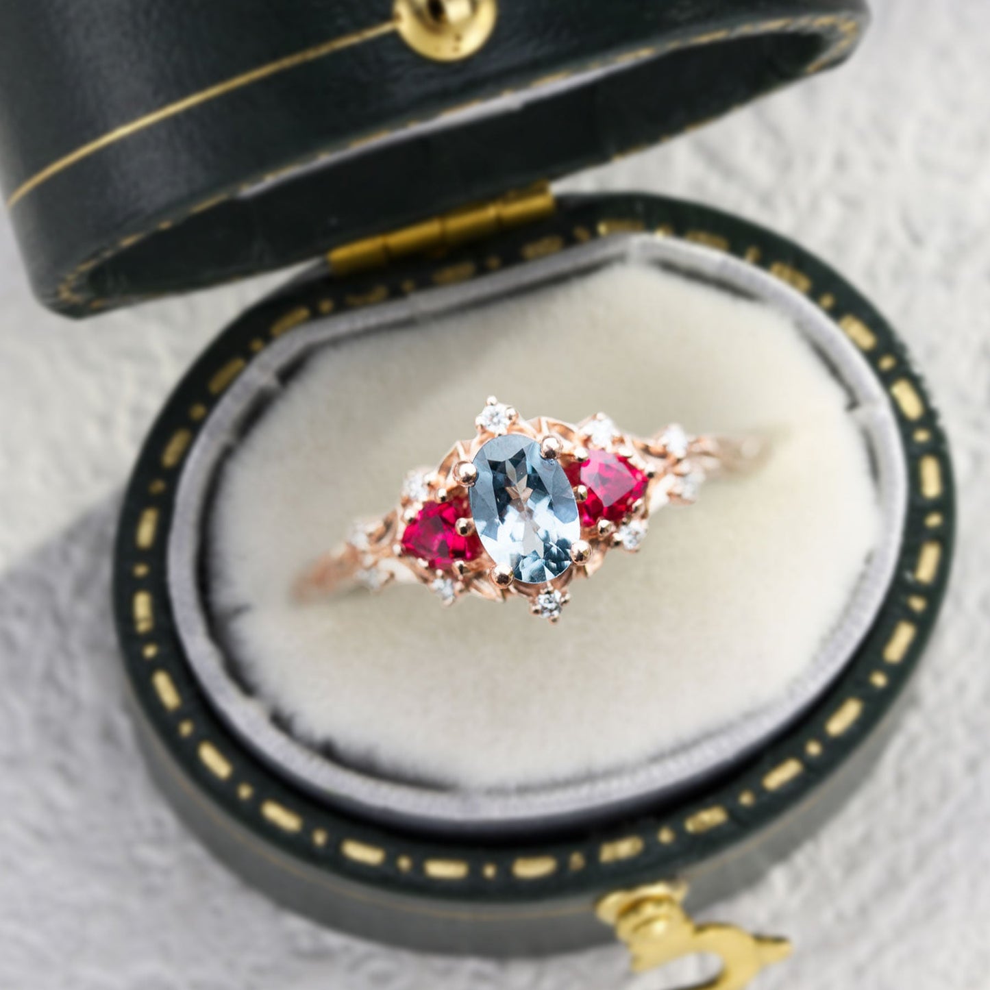 Unique Briar Rose Three Stone Oval Lab Grey Spinel and Ruby Ring