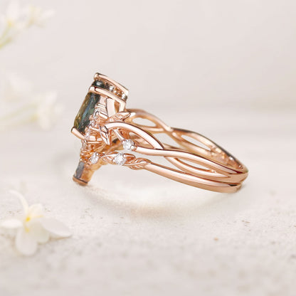 Vintage floral engagement rings Pear Green Lab Sapphire Engagement Ring Set