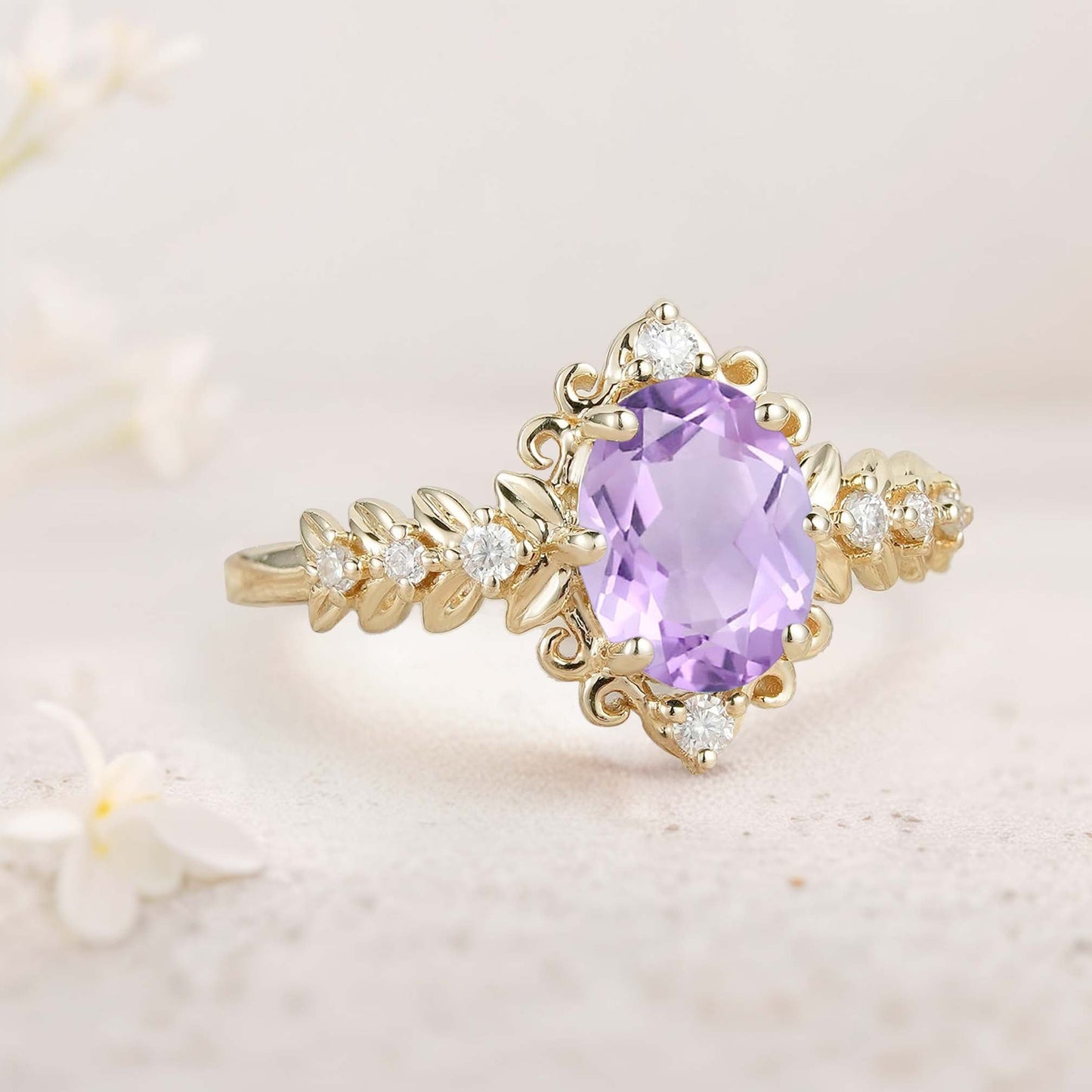 Unique floral engagement rings Elegant Royal Oval Amethyst Filigree Leaf Engagement Ring