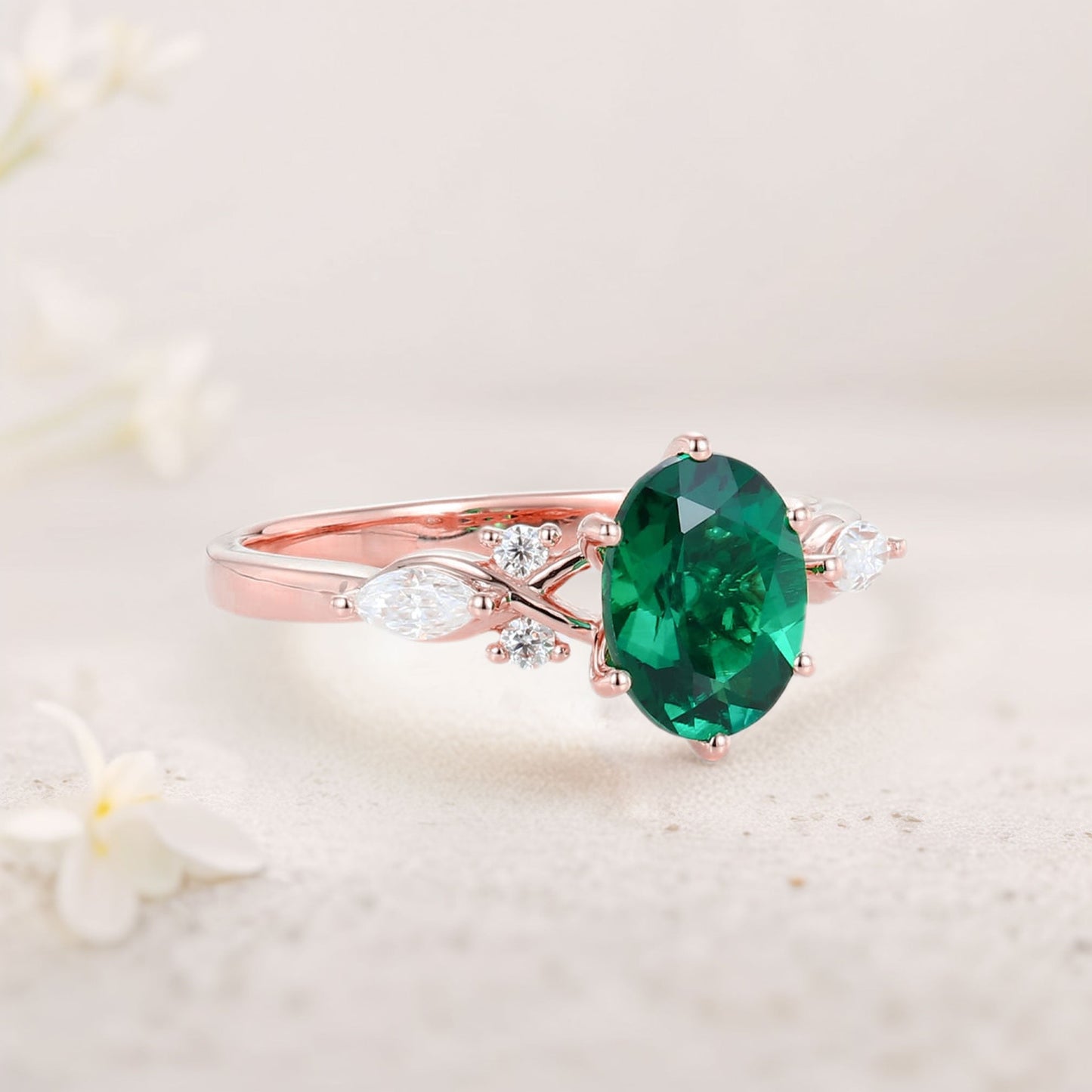 Unique Oval Lab Emerald Split Shank Engagement Ring