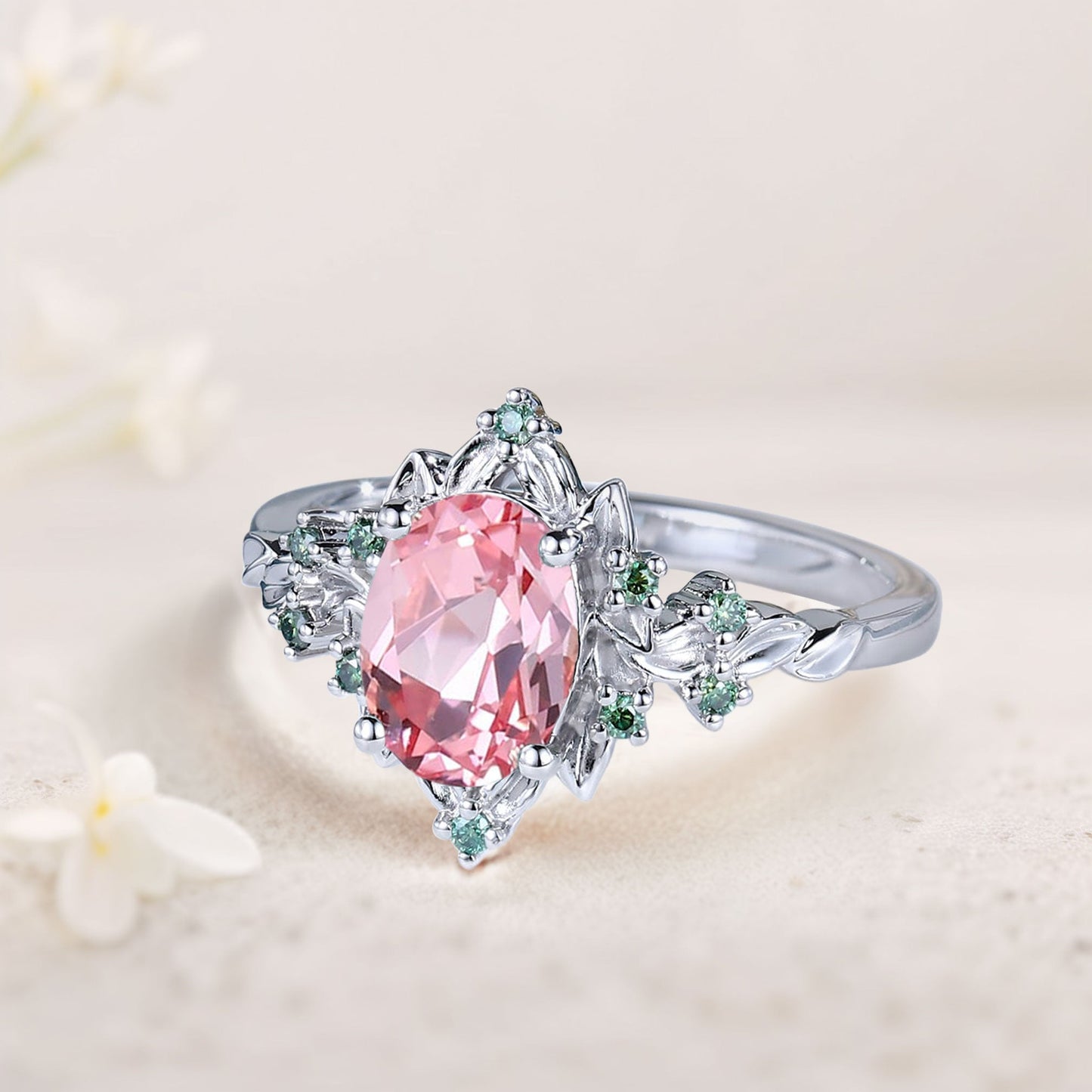 Vintage Briar Rose Oval Pink Lab Padparadscha Engagement Ring Olive Leaves Ring