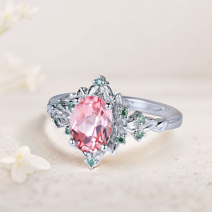 Vintage Briar Rose Oval Pink Lab Padparadscha Engagement Ring Olive Leaves Ring