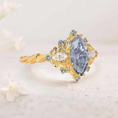 Unique Marquise Gray Moissanite Ring Alexandrite Halo Wedding Ring