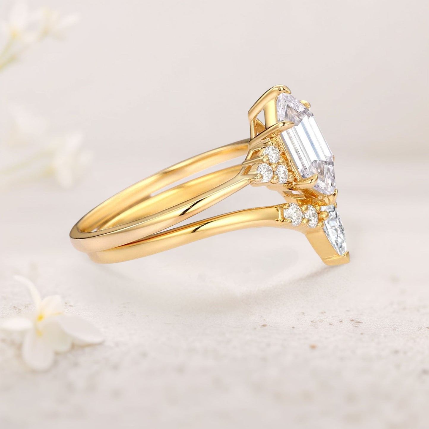 Unique floral engagement rings Long Hexagon Moissanite Wedding Ring Set Bridal Ring Set