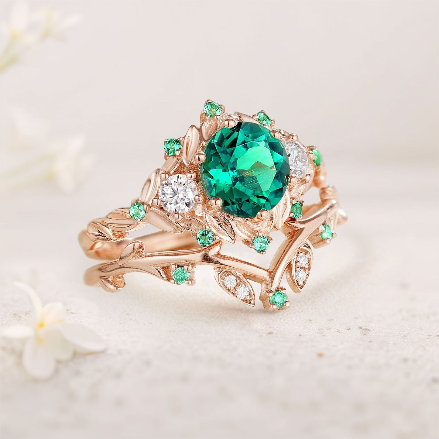 Vintage Round Lab Emerald Engagement Ring Set for women Leaf Wedding Ring Set