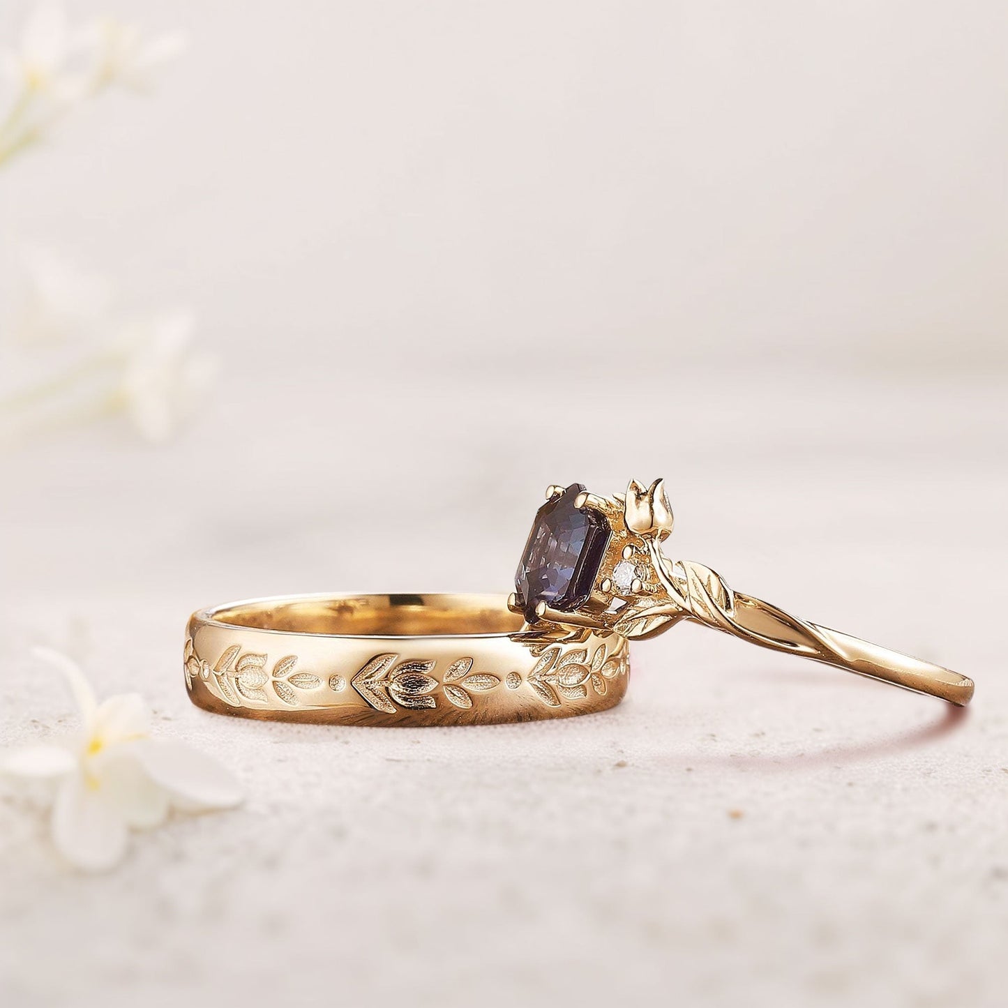 Unique Hexagon Alexandrite Couple Promise Engagement Ring Set