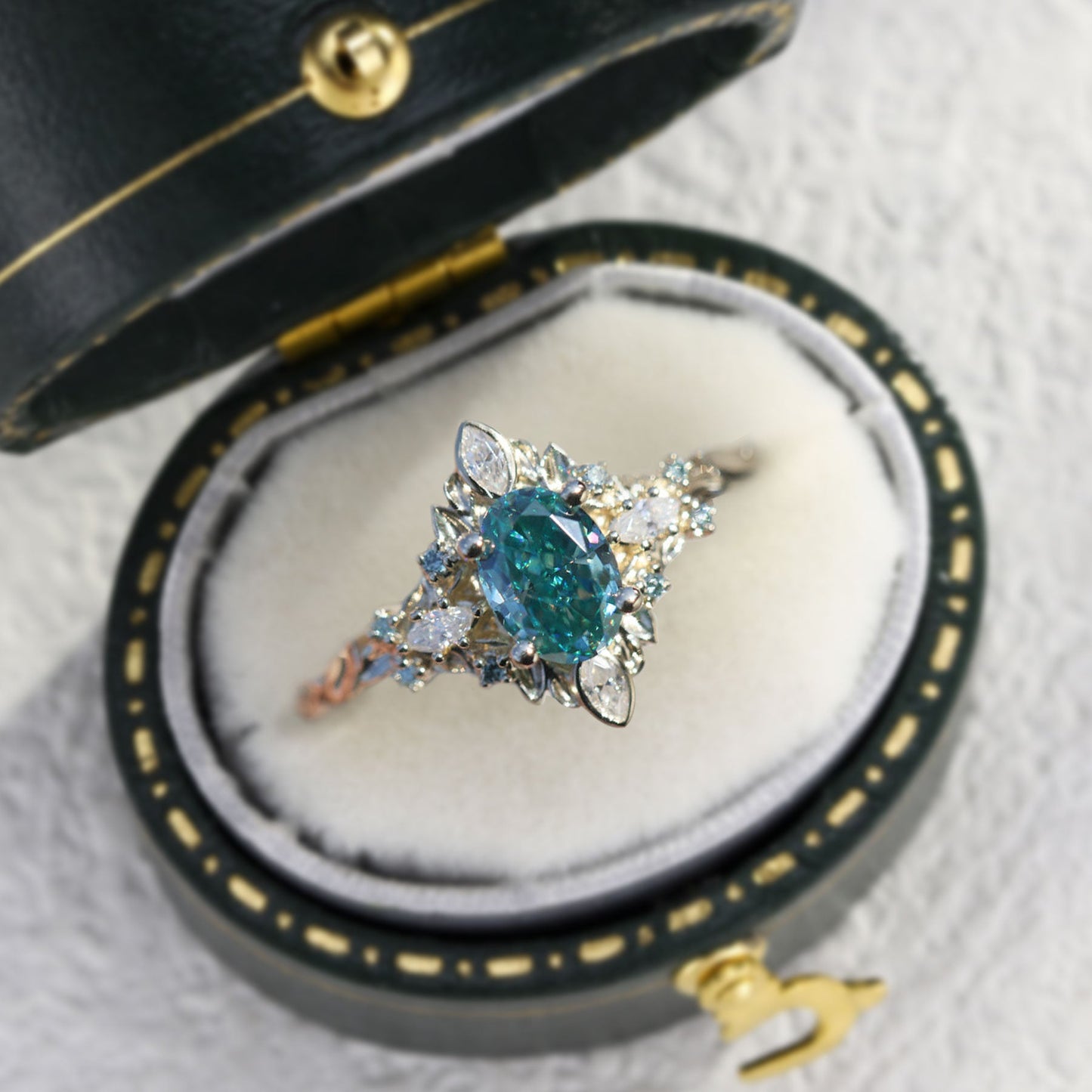 Unique Galadriel Oval Teal Moissanite Ring