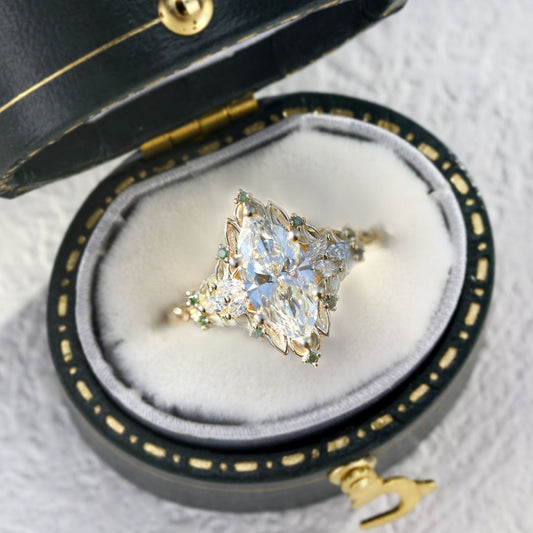 Unique Briar Rose Starlight Marquise Moissanite and Green Lab Sapphire Ring