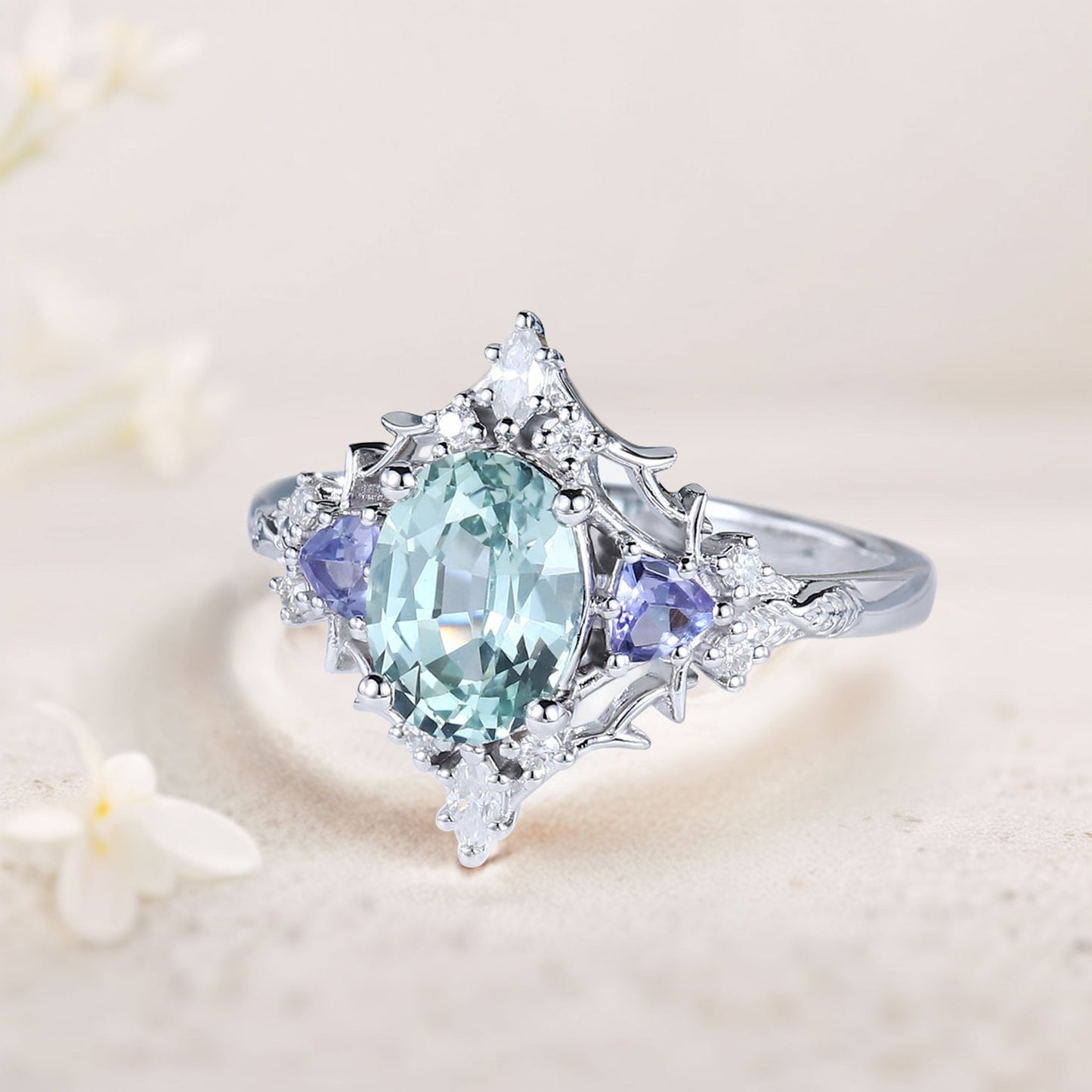 Vintage Briar Rose Oval Green Lab Sapphire Engagement Ring Filigree Ring