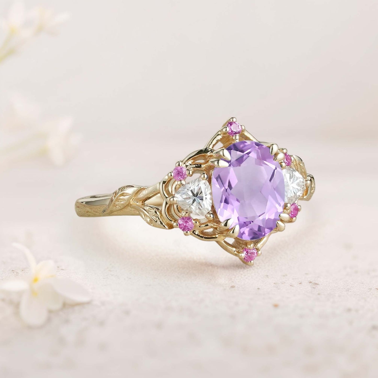Unique Three Stone Oval Amethyst and Moissanite Engagement Ring