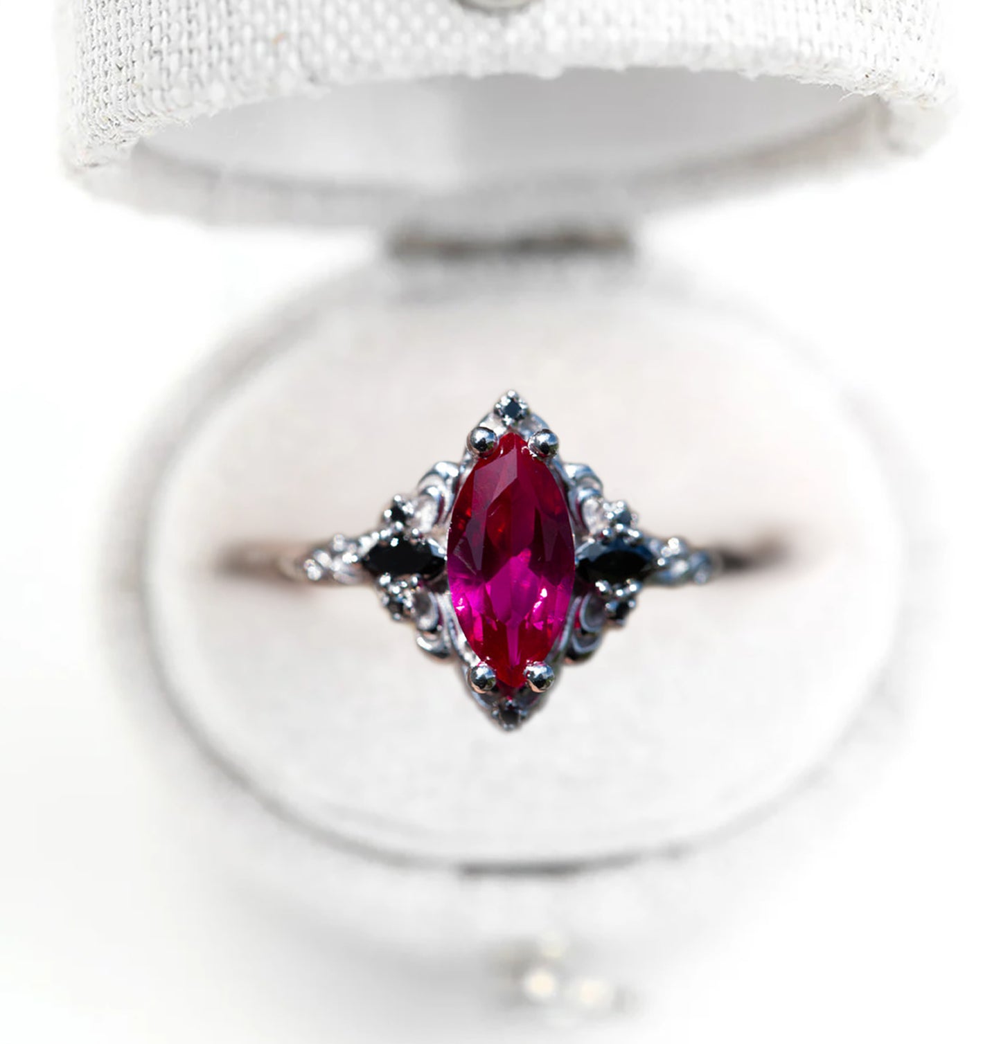 Unique Aurora Three Stone Marquise Ruby and Black Onyx Ring