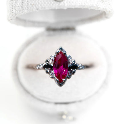 Unique Aurora Three Stone Marquise Ruby and Black Onyx Ring