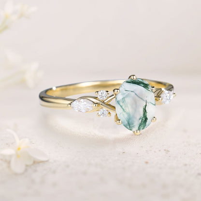 Unique Oval Moss Agate Twist Ring Engagement Ring