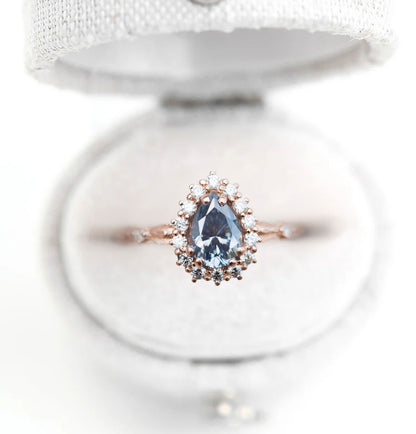 Unique Halo Leaf Pear Blue Grey Moissanite Ring