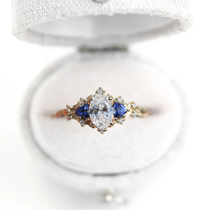 Unique Celeste Rose Oval Moissanite and Lab Sapphire Ring