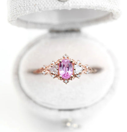 Unique Floral Rose Three Stone Oval  Ring (Sunrise)