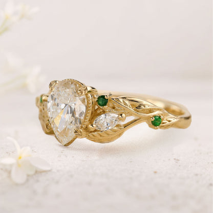Unique floral engagement rings Pear Moissanite With leaves Engagement Ring