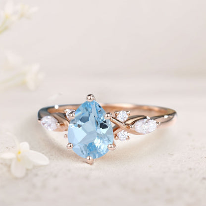 Vintage Pear Lab Aquamarine and Moissanite Split Shank Engagement Ring