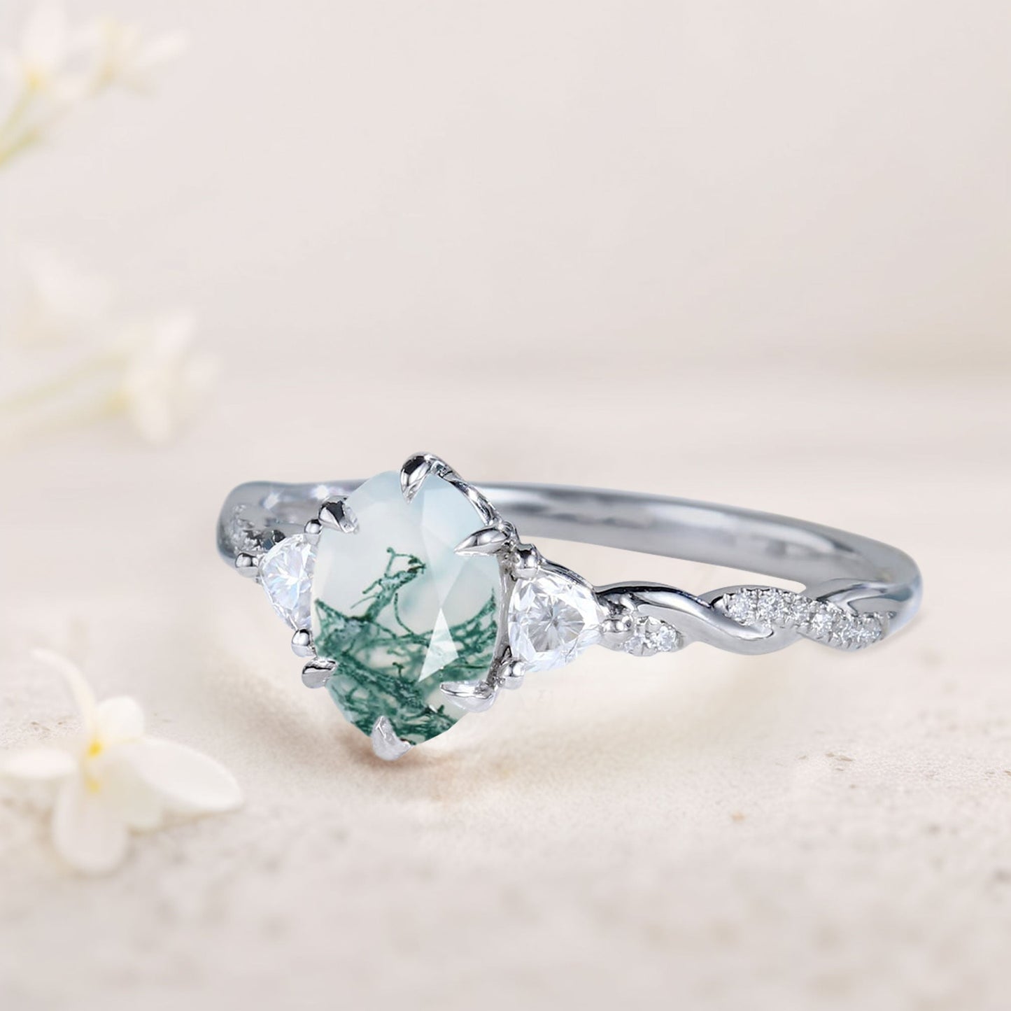 Unique Three Stone Oval Moss Agate Ring  Engagement Ring