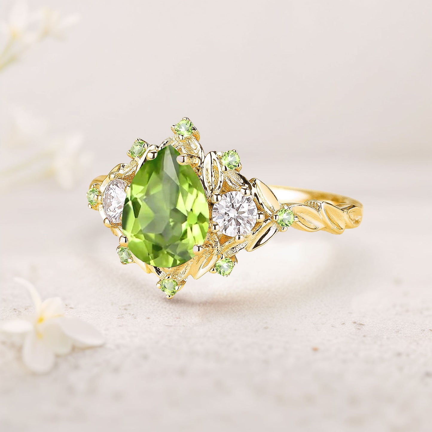 Unique floral engagement rings Pear Peridot Flower Engagement Ring Peridot Halo Leaf Wedding Ring