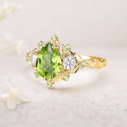 Unique floral engagement rings Pear Peridot Flower Engagement Ring Peridot Halo Leaf Wedding Ring