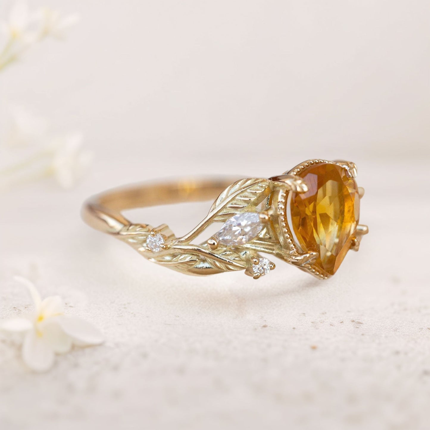 Unique floral engagement rings Pear Citrine Engagement Ring flower Ring
