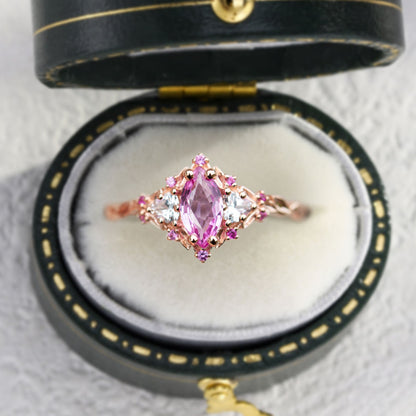 Unique Briar Rose Three Stone Marquise Pink Lab Padparadscha and Moissanite Ring